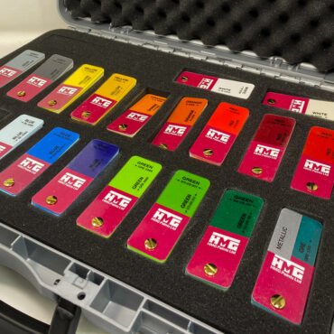 HMG Paints Colour Box Case open displaying colour chips close up